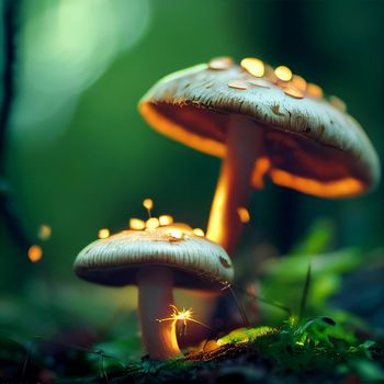 Photorealistic graphic representation of mushrooms with luminous caps. High quality illustration