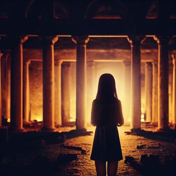 Silhouette of a girl on the background of ancient ruins. High quality illustration