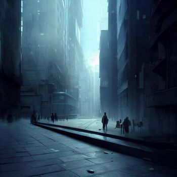 Gloomy image of a futuristic street. High quality illustration