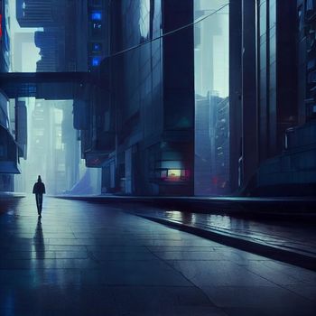 Gloomy image of a futuristic street. High quality illustration