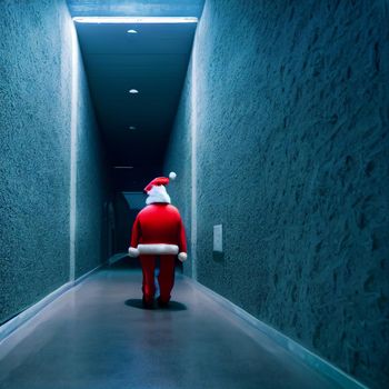 Creep Santa in a gloomy corridor. High quality illustration