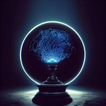 Black sphere surrounded by blue light. High quality illustration