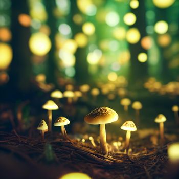 Photorealistic graphic representation of mushrooms with luminous caps. High quality illustration