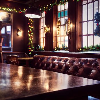 Pub decorated for Christmas. High quality illustration