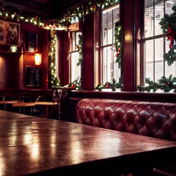 Pub decorated for Christmas. High quality illustration