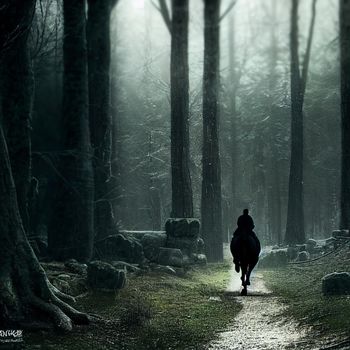 Lonely rider in a gloomy forest. High quality illustration