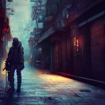 Gloomy image of a futuristic street. High quality illustration