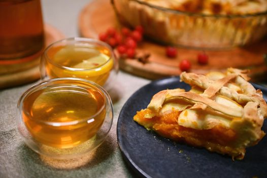 Autumnal breakfast. Antioxidant hot tea and a slice of homemade sweet and healthy vegan pumpkin pie with crispy crust. Morning atmosphere. Still life with food. Selective focus. Thanksgiving Day