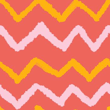 Hand drawn seamless chevron pattern with geometric abstract shapes in red orange yellow colors. Mid century modern background for fabric print wallpaper wrapping paper. Contemporary trendy fluid design