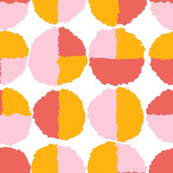 Hand drawn seamless pattern with geometric abstract shapes in red orange yellow colors. Mid century modern background for fabric print wallpaper wrapping paper. Contemporary trendy fluid design