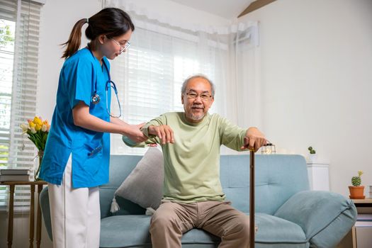 Young woman help support orthopedic patients to get up with walking cane at home, Caring nurse helping supporting senior disabled man to stand up with walking stick, International Day for the Elderly