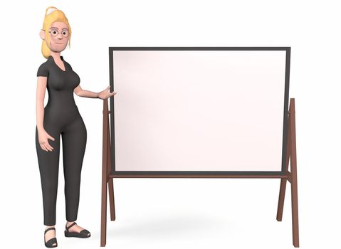 a girl in black clothes with a writing board on a white background 3d-rendering.