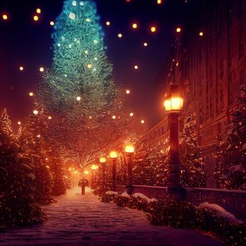 Abstract image of a winter street at christmas. High quality illustration