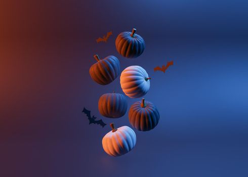3D rendering of Halloween pumpkins and bats levitating against blue background in neon studio
