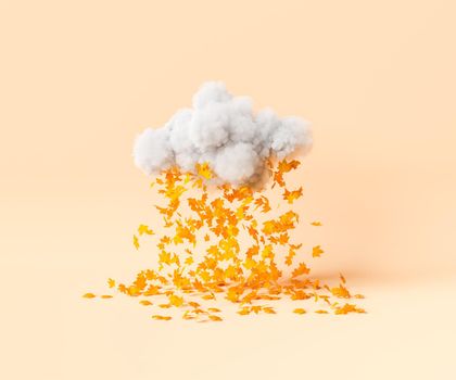 Creative 3D rendering of golden maple autumn leaves falling from fluffy gray cloud against beige background