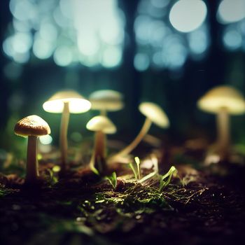 Photorealistic graphic representation of mushrooms with luminous caps. High quality illustration