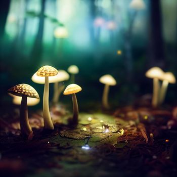 Photorealistic graphic representation of mushrooms with luminous caps. High quality illustration