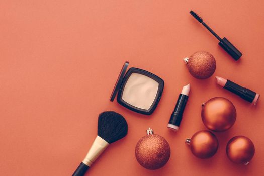 Cosmetic branding, fashion blog cover and girly glamour concept - Make-up and cosmetics product set for beauty brand Christmas sale promotion, vintage orange flatlay background as holiday design