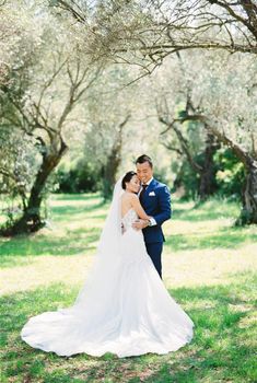 Smiling groom hugging his bride in a clearing in an olive grove. High quality photo
