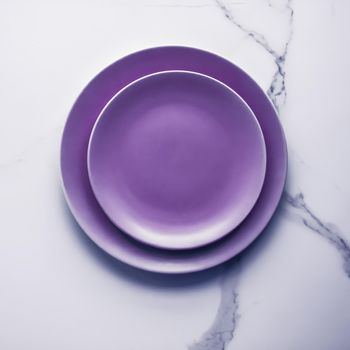 Branding, cuisine and culinary concept - Purple empty plate on marble table background, tableware decor for breakfast, lunch and dinner for restaurant brand menu recipe, luxury holiday flatlay design