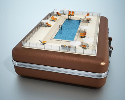 Swimming pool, sunbeds and parasols on the suitcase. 3D illustration.