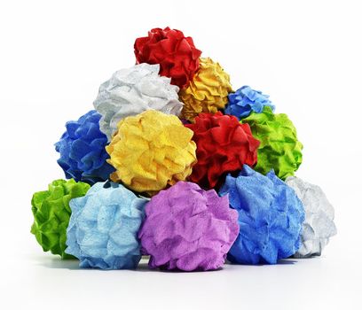 Multi-colored crumbled papers isolated on white background. 3D illustration.