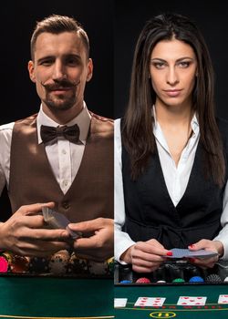 Two croupiers, man and woman, in classic suits are ready to play poker. They standing at green table with colorful chips, holding playing cards. Posing on black background. Gambling, casino. Close-up