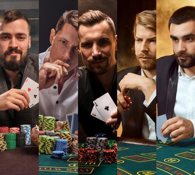 Collage of handsome males in classic suits. They sitting at green playing table with colorful chips on it, holding aces and smoking sigar. Posing on colorful backgrounds. Poker, casino. Close-up