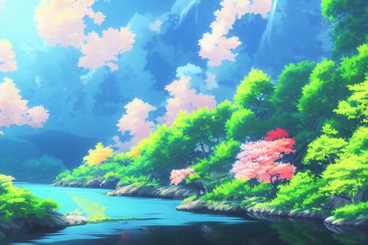 Japan anime scenery wallpapers featuring beautiful pink cherry trees and Mount Fuji in the background. 3D render digital artwork painting
