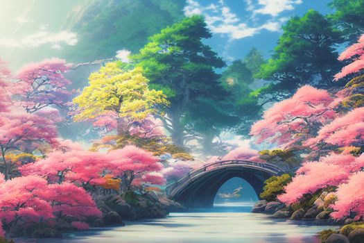 Japan anime scenery wallpapers featuring beautiful pink cherry trees and Mount Fuji in the background. 3D render digital artwork painting
