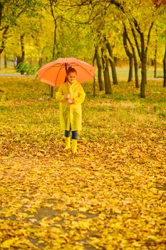 Happy child in the rain. Funny kid playing outdoors and having fun enjoying weather in autumn day in park