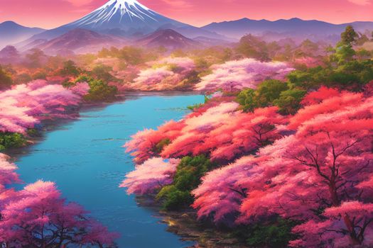 Japan anime scenery wallpapers featuring beautiful pink cherry trees and Mount Fuji in the background. 3D render digital artwork painting