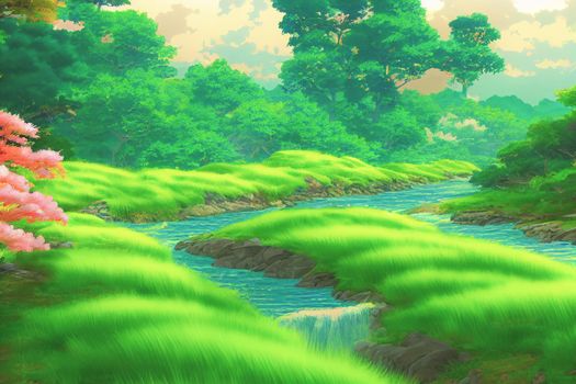 Japan anime scenery wallpapers featuring beautiful pink cherry trees and Mount Fuji in the background. 3D render digital artwork painting