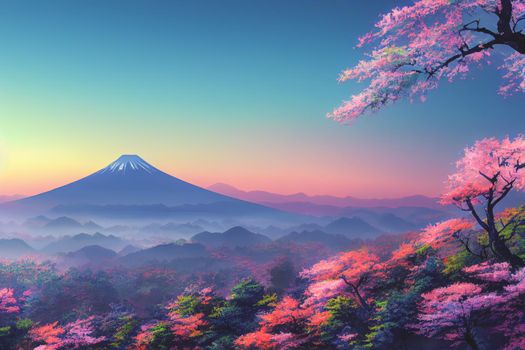 Japan anime scenery wallpapers featuring beautiful pink cherry trees and Mount Fuji in the background. 3D render digital artwork painting