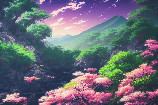 Japan anime scenery wallpapers featuring beautiful pink cherry trees and Mount Fuji in the background. 3D render digital artwork painting