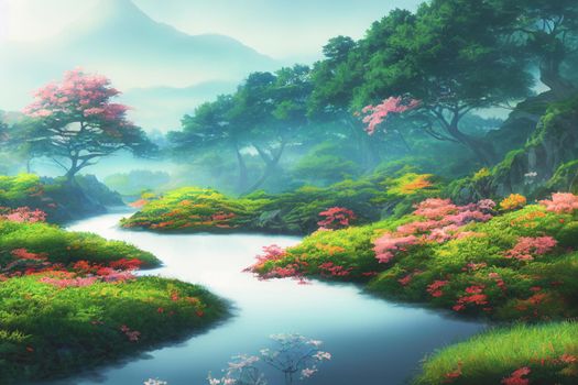 Japan anime scenery wallpapers featuring beautiful pink cherry trees and Mount Fuji in the background. 3D render digital artwork painting