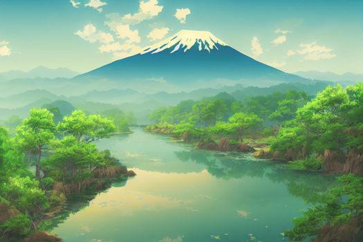Japan anime scenery wallpapers featuring beautiful pink cherry trees and Mount Fuji in the background. 3D render digital artwork painting