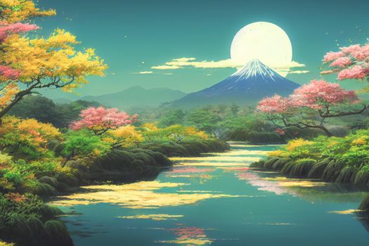Japan anime scenery wallpapers featuring beautiful pink cherry trees and Mount Fuji in the background. 3D render digital artwork painting