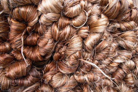 Thick Golden bundle of Wet raw jute fiber Texture Background