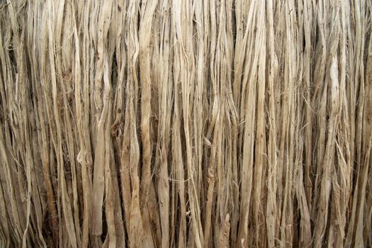 Closeup shot of raw jute fiber hanging under the sunlight for drying. Brown jute fiber texture and  background