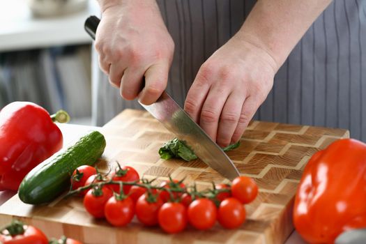Chef is preparing salad of spinach cucumbers and tomatoes in kitchen. Closeup of chef hands cutting vegetables with knife on cutting board