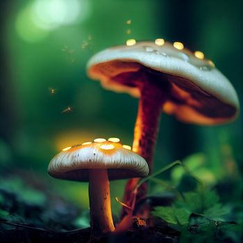 Photorealistic graphic representation of mushrooms with luminous caps. High quality illustration