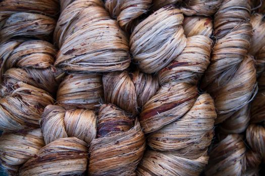 Thick Golden bundle of Wet raw jute fiber Texture Background
