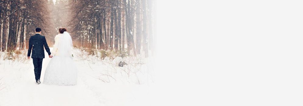 bride and groom in the winter woods.