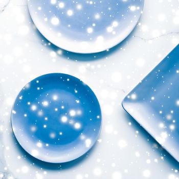 Recipe design, restaurant menu and festive decor concept - Blue empty plate on marble table flatlay background, tableware decoration for holiday dinner in Christmas time
