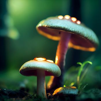 Photorealistic graphic representation of mushrooms with luminous caps. High quality illustration