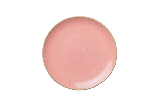 Pink ceramic round plate isolated over white background. Top view.