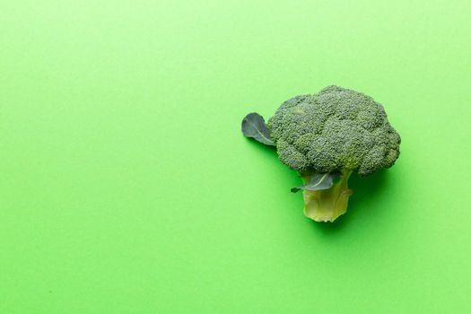 Top view fresh green broccoli vegetable on Colored background. Broccoli cabbage head Healthy or vegetarian food concept. Flat lay. Copy space.