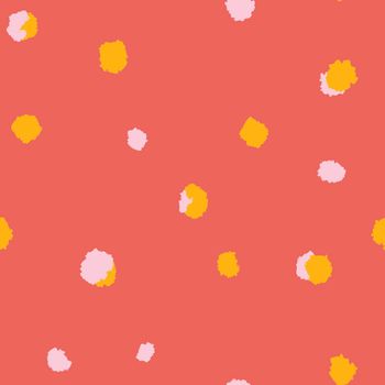 Hand drawn seamless polka dot pattern with geometric abstract shapes in red orange yellow colors. Mid century modern background for fabric print wallpaper wrapping paper. Contemporary trendy fluid design