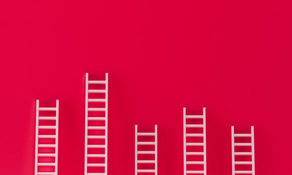 Ladder white collection with one overhanging on red wall studio background. leadership, success concept with copy spaces for text. 3d rendering.